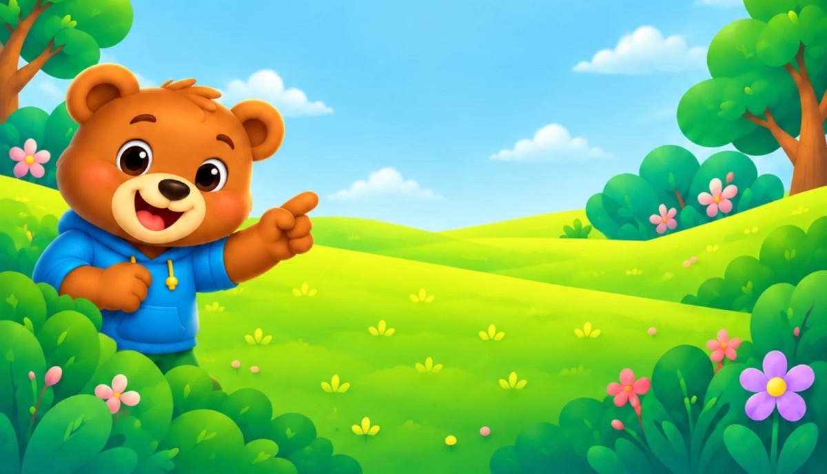 Timou, a friendly bear, pointing at a green meadow